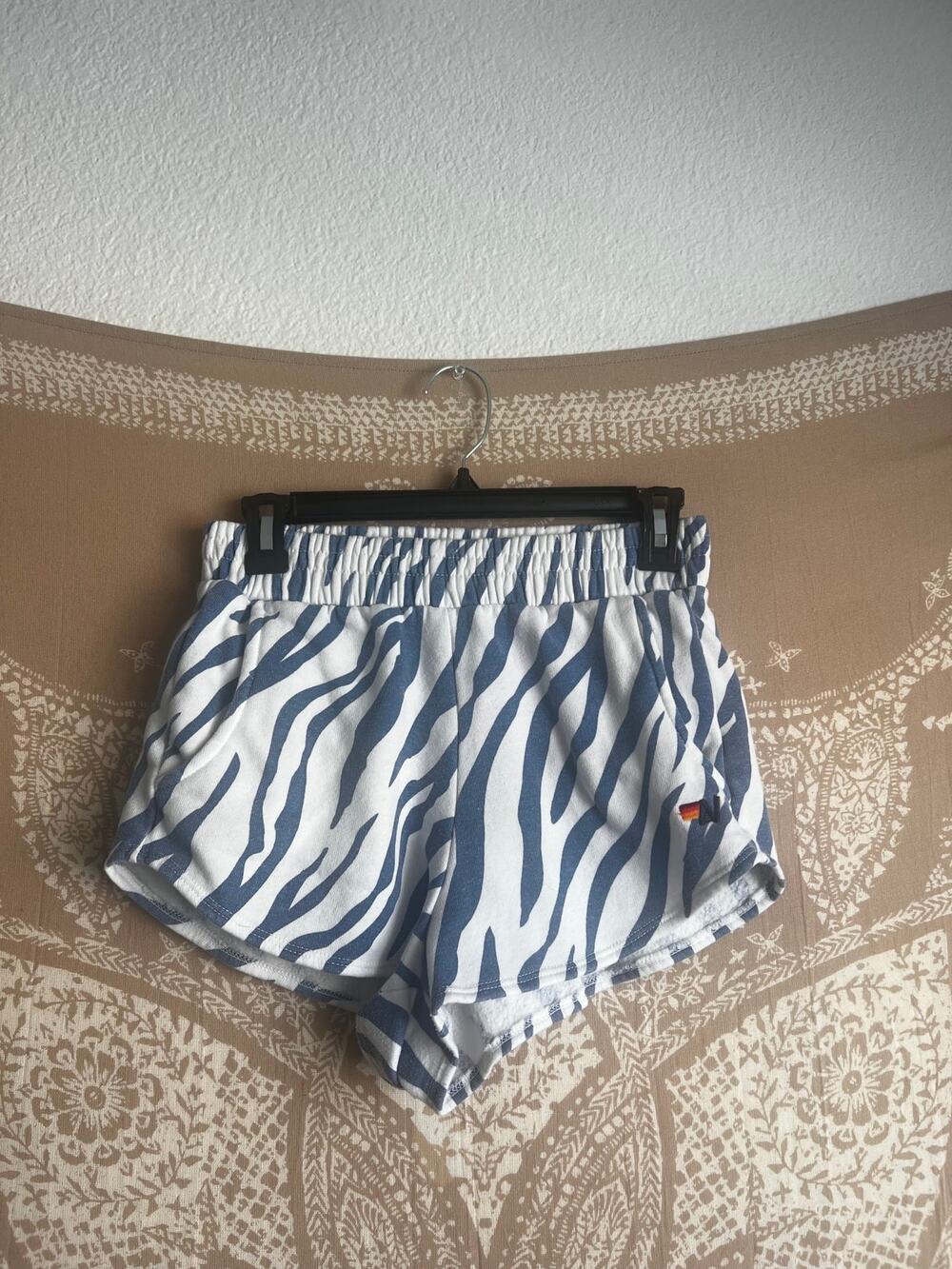Aviator Nation Lounger Shorts Blue Zebra Print Terry Sweat Short Small